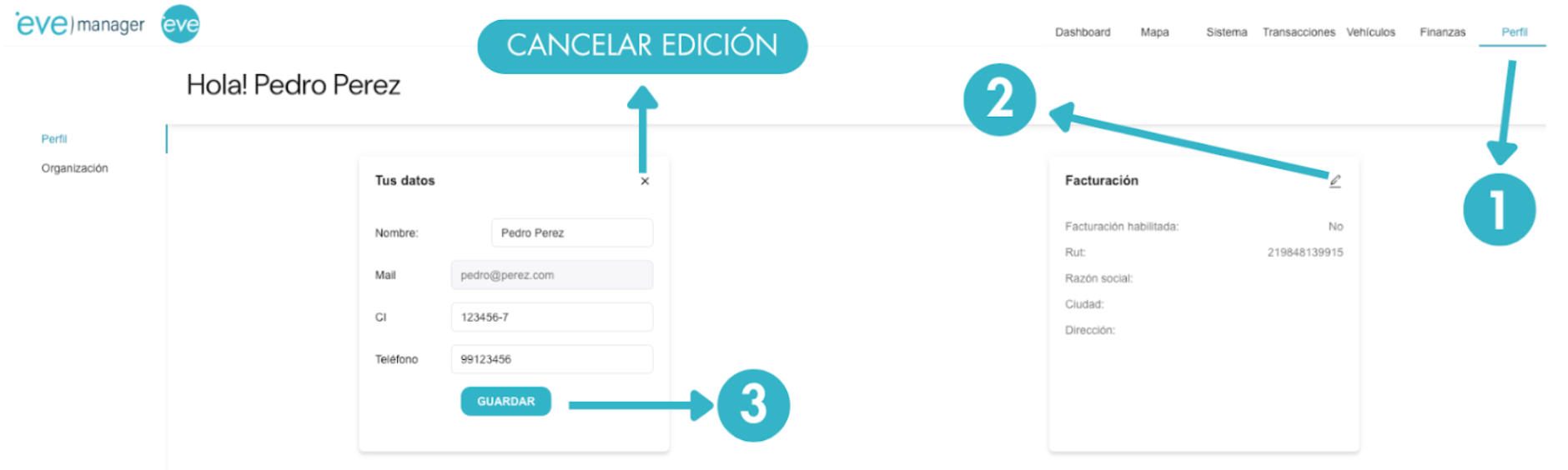 Vista del Perfil de usuario con opciones de edición