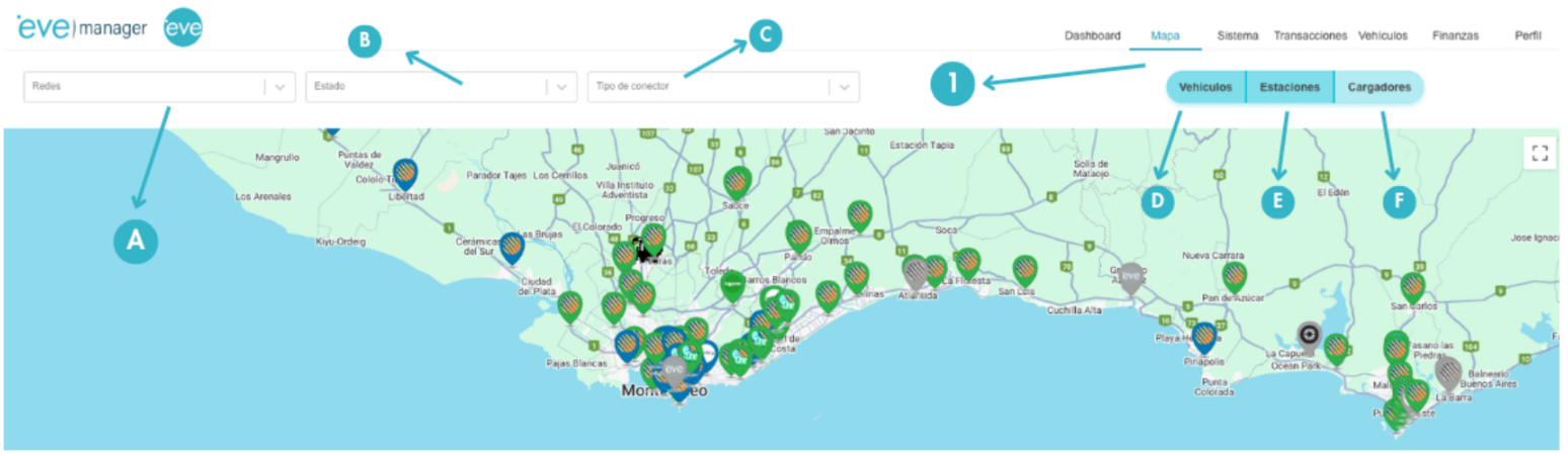 Vista de la sección Mapa con filtros y opciones de visualización
